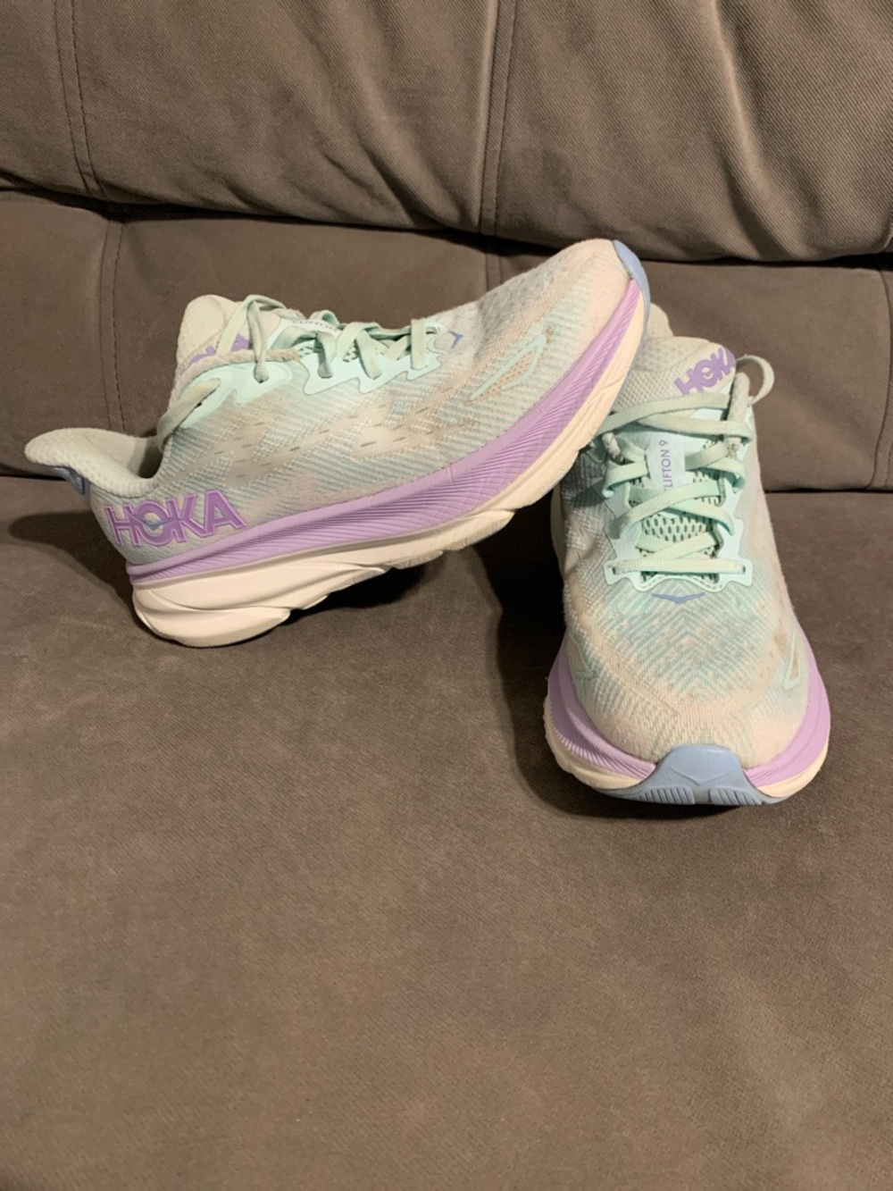 Hoka Clifton 9 Women's Running Sneakers in Mint and Lavender Accents
